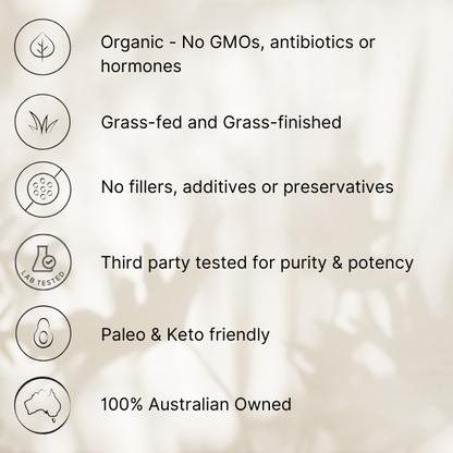 List of product attributes on a beige background with icons